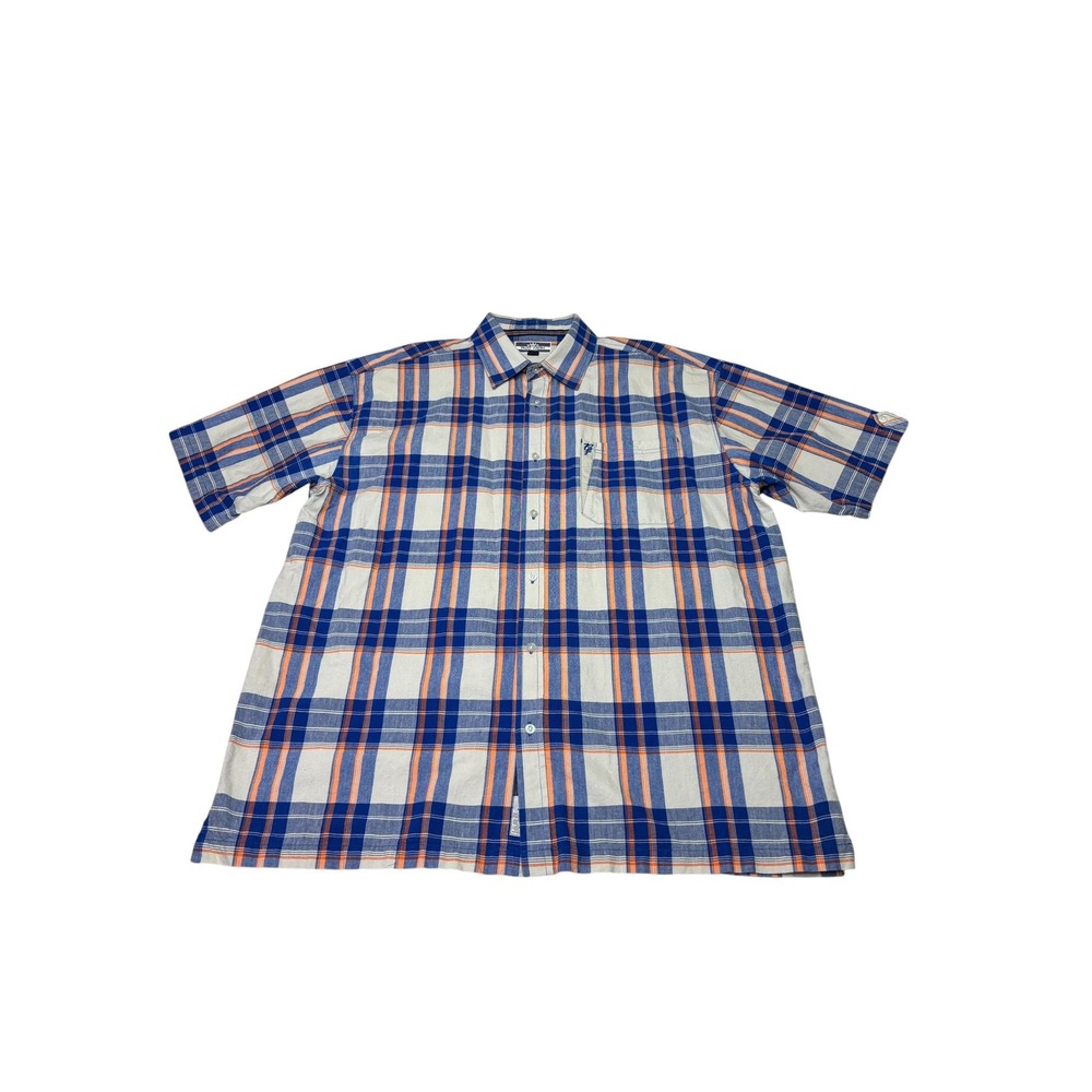 Phat Farm Mens XXL Plaid Button Down Shirt Blue Orange White Cotton Short Sleeve